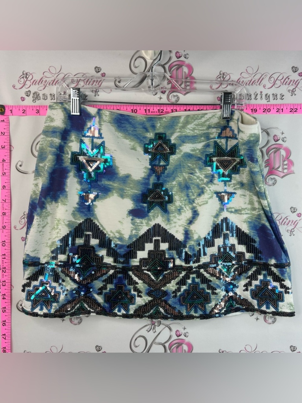 Express skirt sequins sparkly glitter Aztec Blue & Green Sequin Aztec Mini Skirt